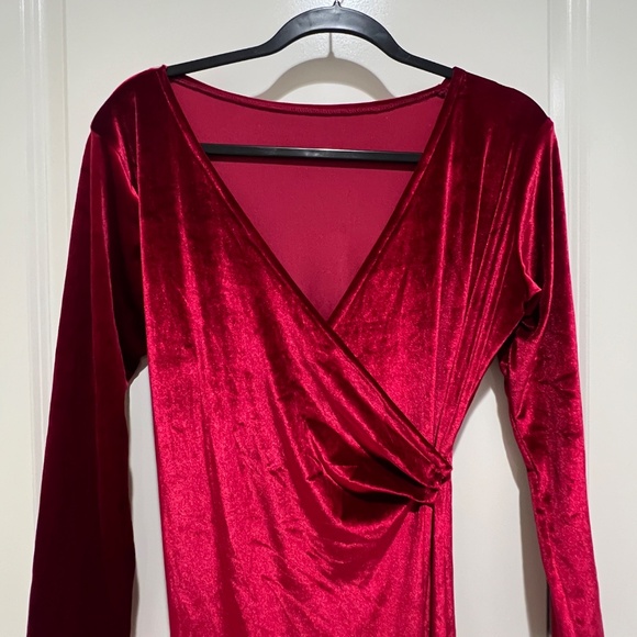 vintage red burgundy maxi dress velvet long sleeve deep v front slit wrap formal - Picture 4 of 10